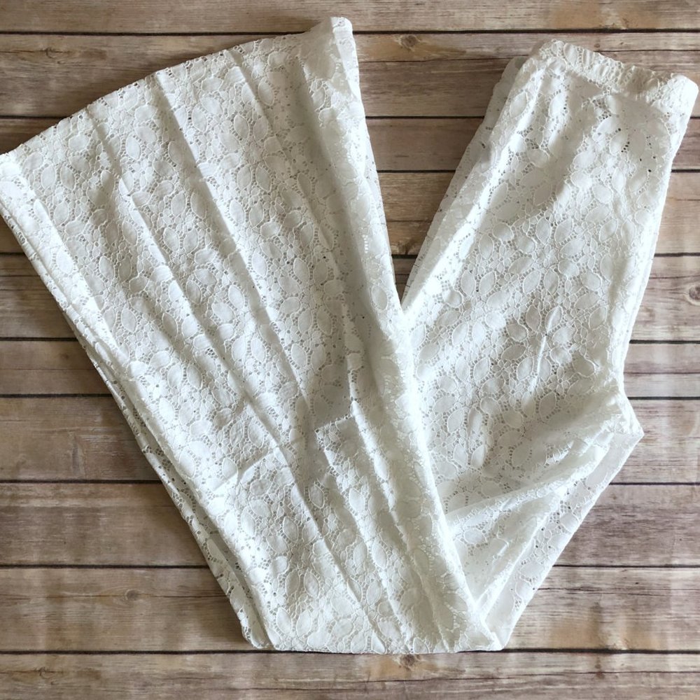 Lace Bell Bottom Pants High Waist White Size S M L - Picture 5 of 6